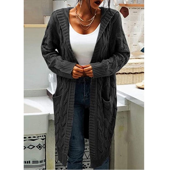 Hooded Open Front Cardigan Cable Knit Sweater Solid Chunky Black - Picture 3 of 5